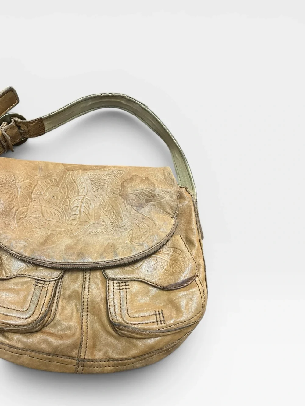 Lucky Brand Ramblin Rose Lambskin Boho Hobo Bag Tan Tooled Y2K